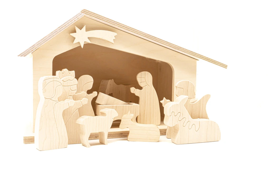 Holzlinge Weihnachtskrippe: Holzlinge-Stall mit Krippenfiguren (Komplett-Set)