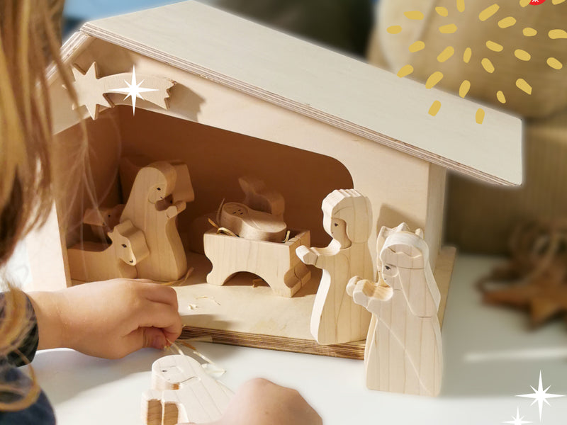 Holzlinge Weihnachtskrippe: Holzlinge-Stall mit Krippenfiguren (Komplett-Set)
