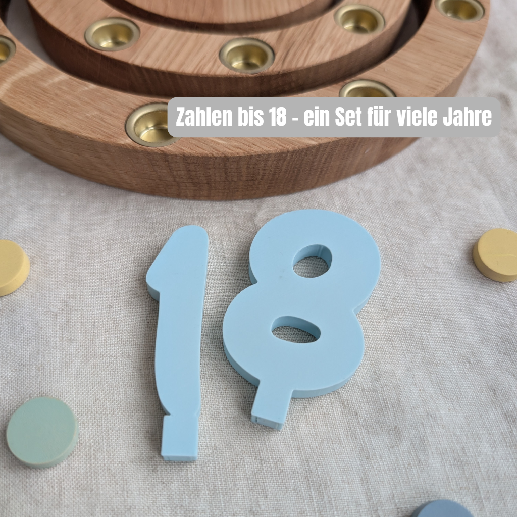Graublauer Zahlenstecker 18 vor einem Geburtstagsring aus Eiche