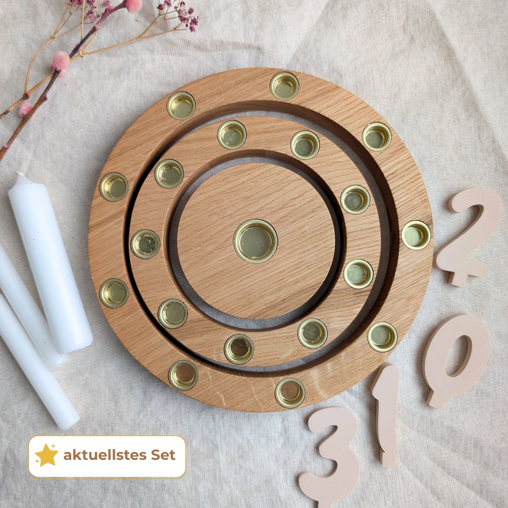 ⭐ Unser neues Geburtstagsset – Geburtstagsring aus Eiche mit weißen Kerzen & Zahlensteckern in Creme