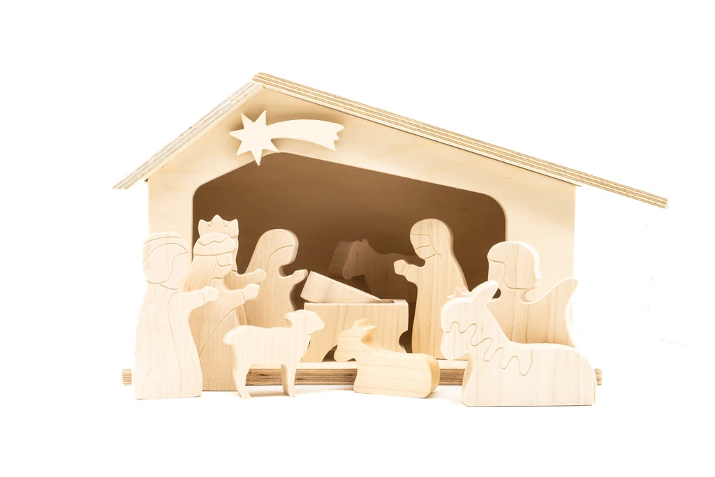 Holzlinge Weihnachtskrippe: Holzlinge-Stall mit Krippenfiguren (Komplett-Set)